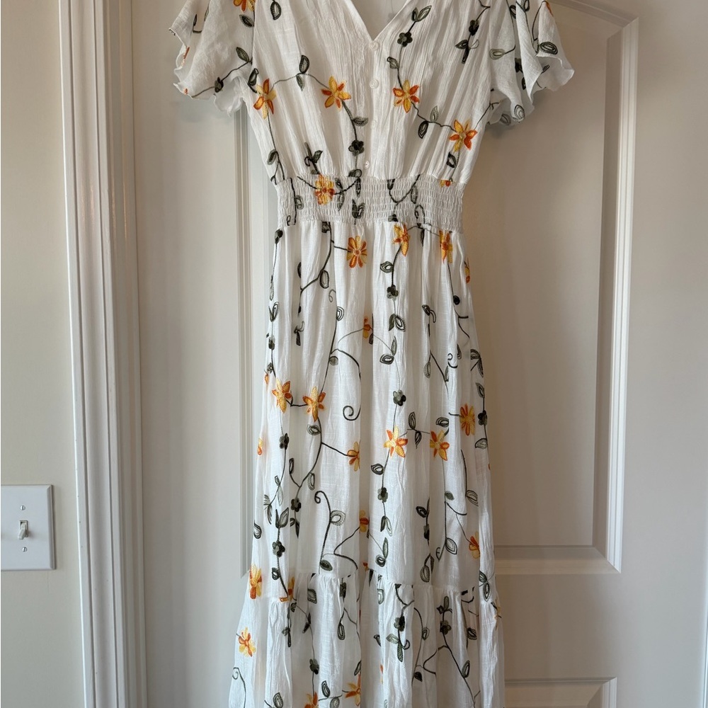 Anthropologie Kindred White smocked waist maxi dress